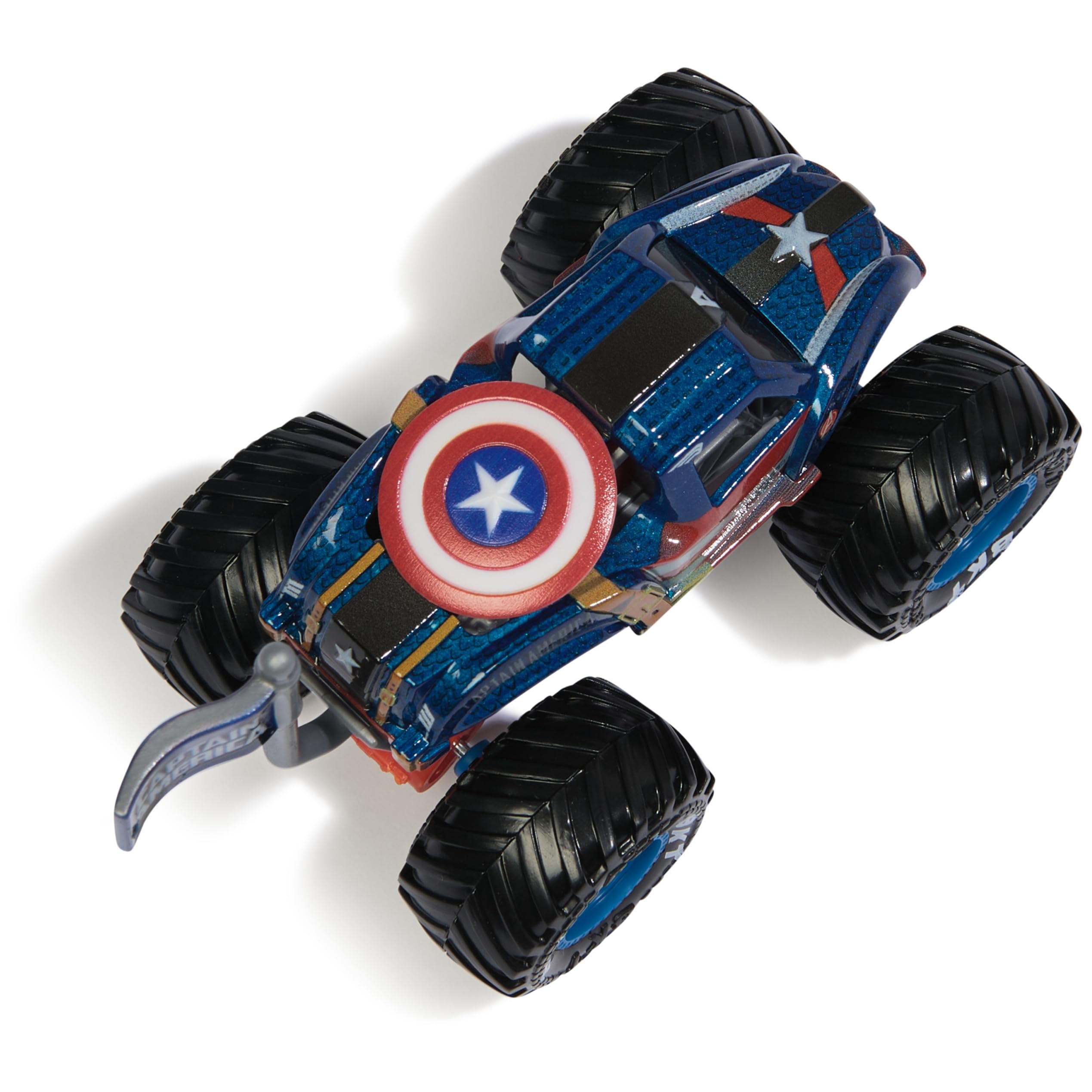 Monster Jam Marvel Captain America tire detail with authentic BKT tires.