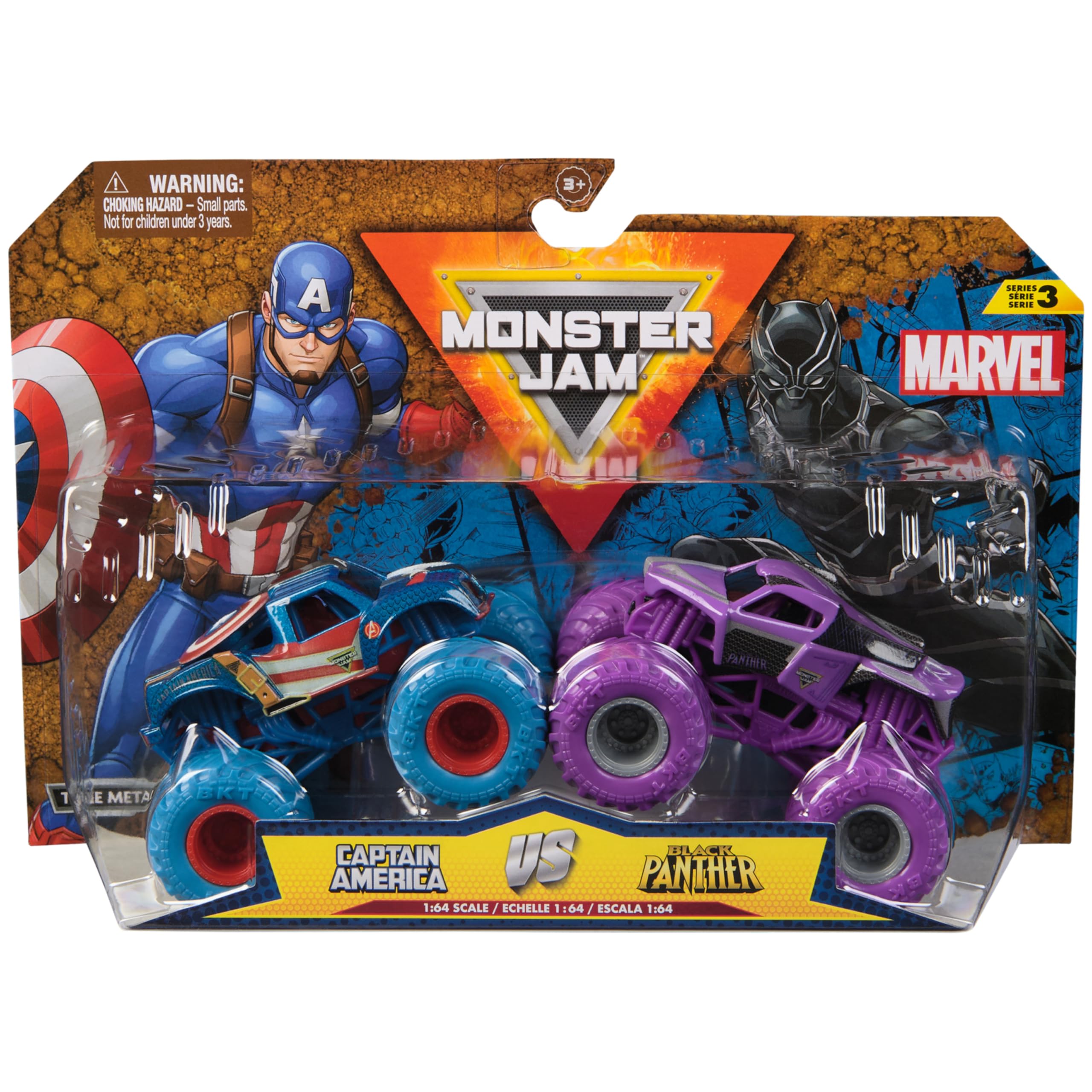 Monster Jam Marvel Captain America vs Black Panther 1:64 die-cast trucks deliver dynamic battles for imaginative play.