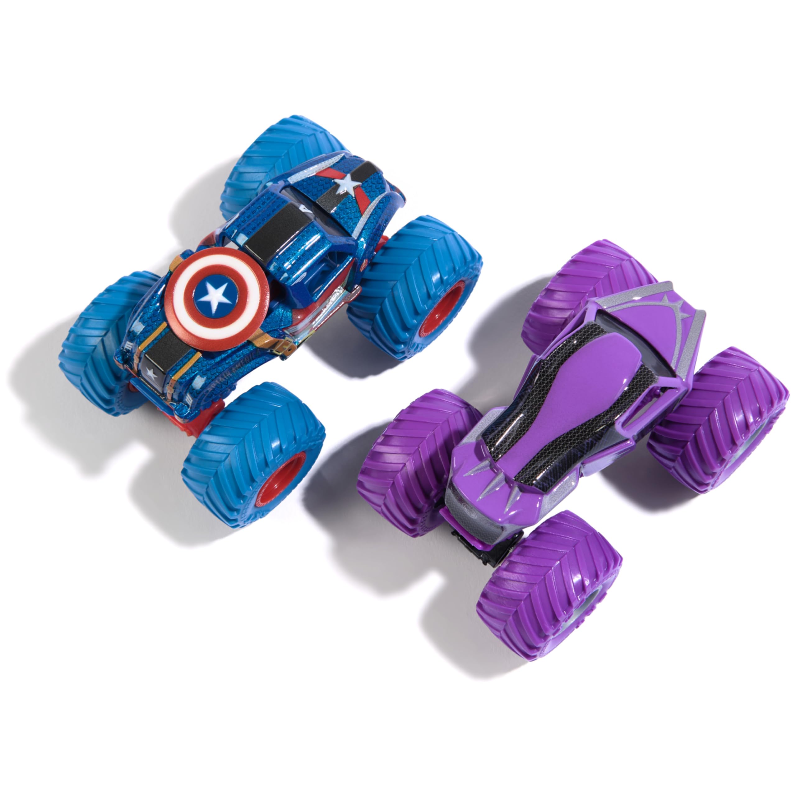 Monster Jam Marvel licensed heroes 2-pack trucks for kids ages 3 and up.