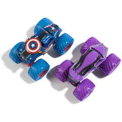 Monster Jam Marvel licensed heroes 2-pack trucks for kids ages 3 and up.