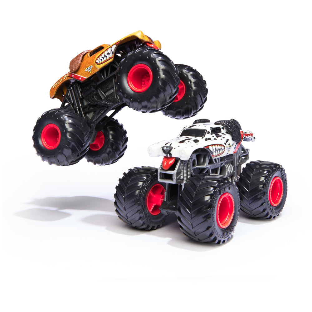Monster Jam Max-D vs Son-Uva Digger 1:64 scale die-cast trucks with authentic detailing.