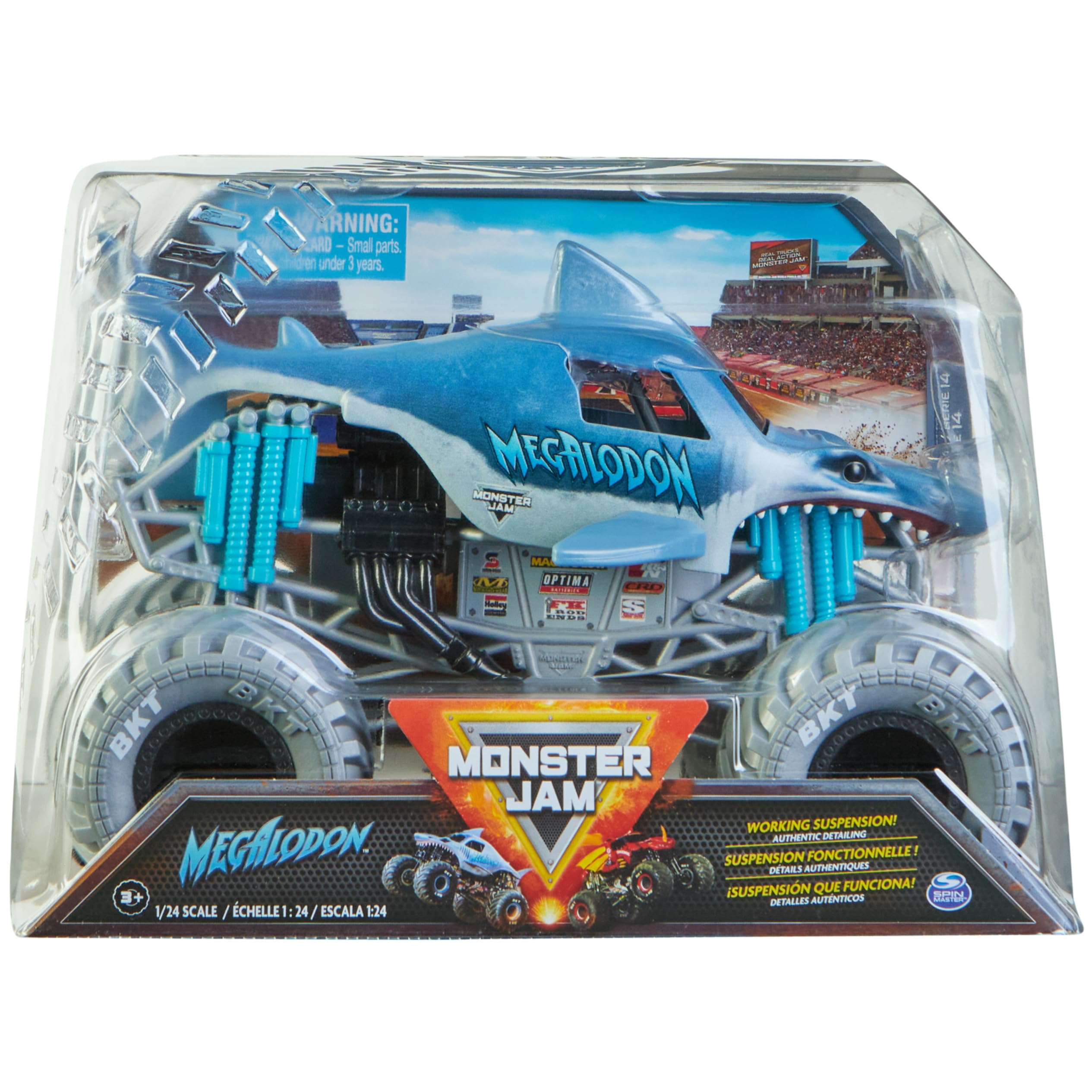 Monster Jam Megalodon 1:24-scale die-cast truck, front glossy body for collectors.