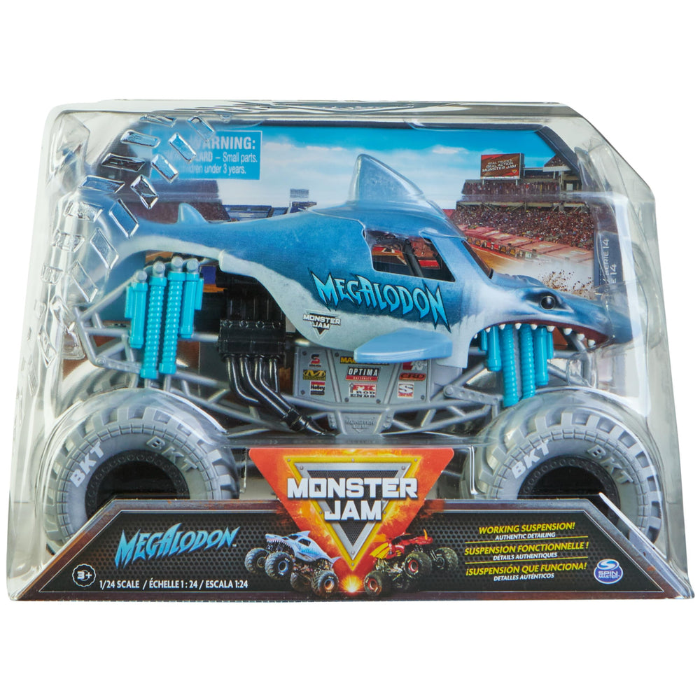 Monster Jam Megalodon 1:24-scale die-cast truck, front glossy body for collectors.
