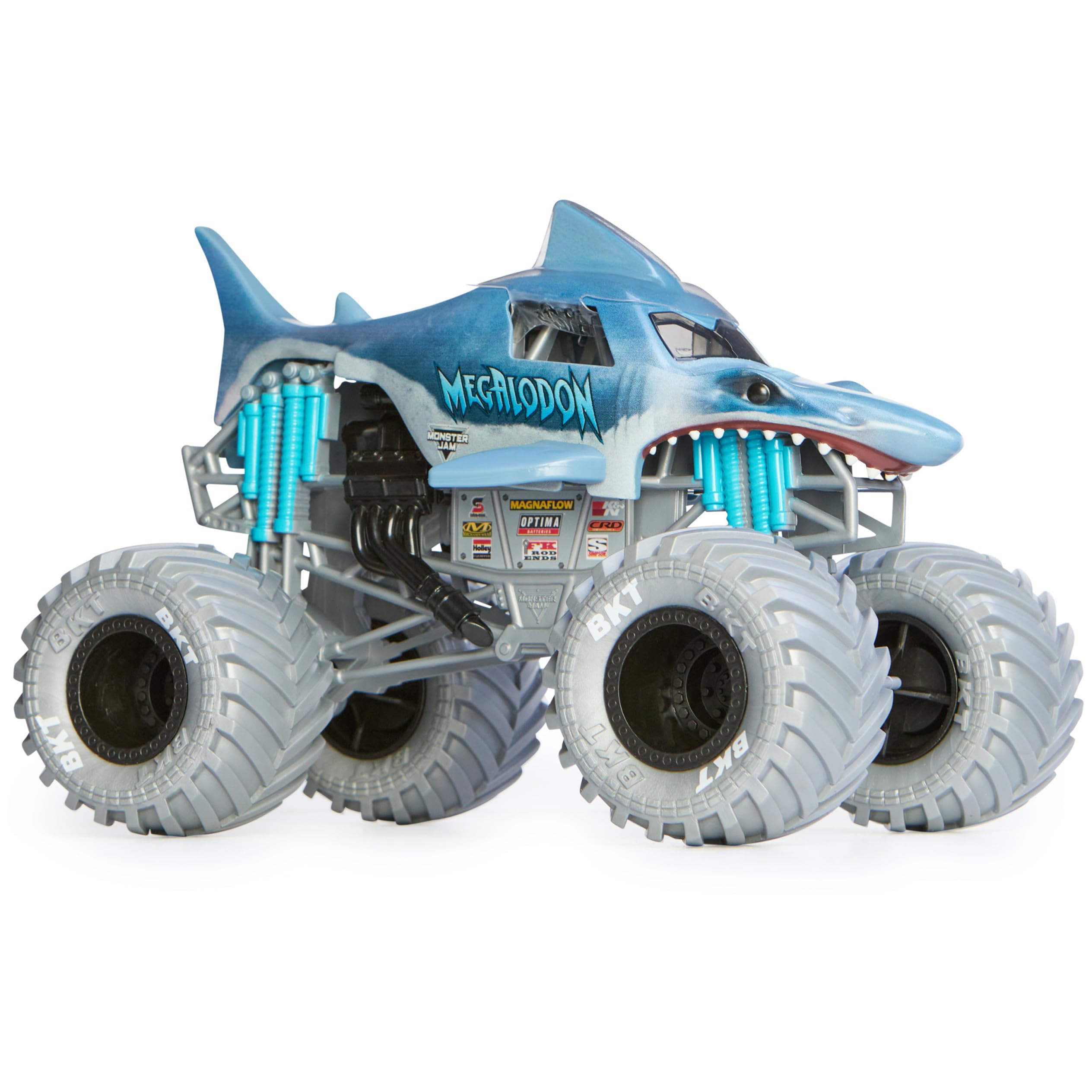 Monster Jam Megalodon 1:24-scale die-cast truck, off-road tires improve traction during play.