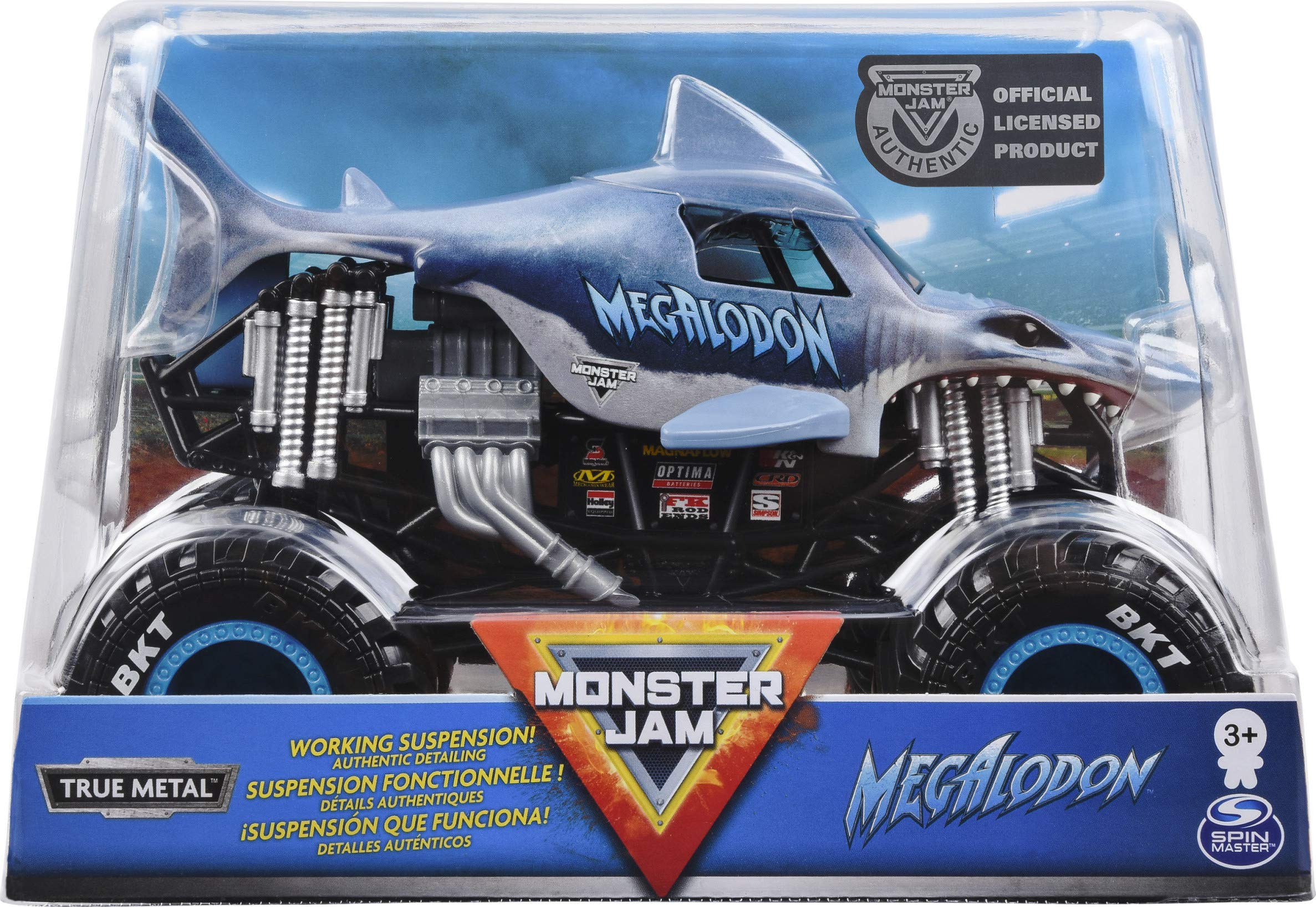  Monster Jam Megalodon 1:24 front view shows authentic detailing for display and play.