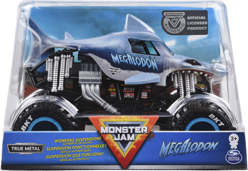  Monster Jam Megalodon 1:24 front view shows authentic detailing for display and play.