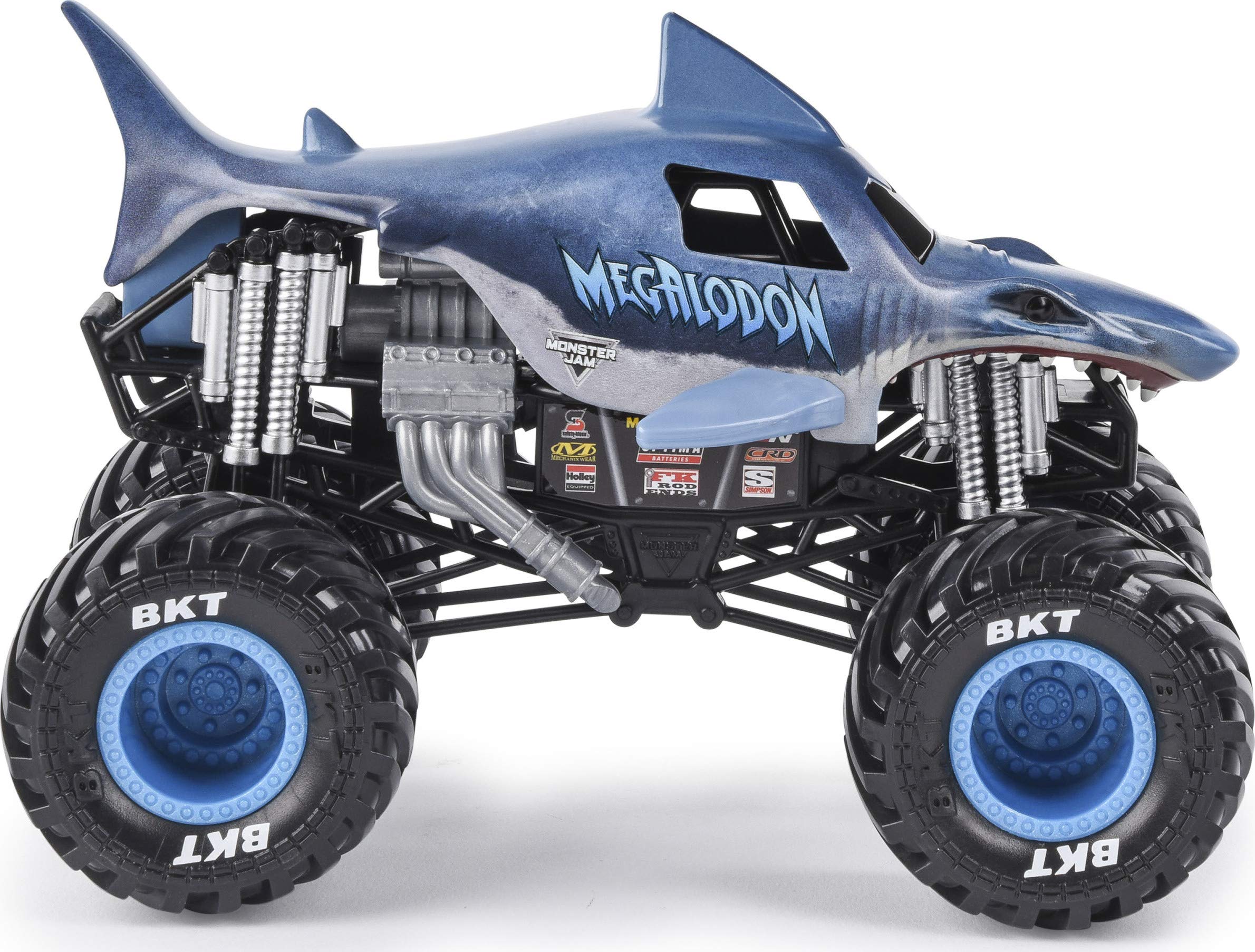 Monster Jam Megalodon 1:24 with working suspension enables impressive jumps during play.
