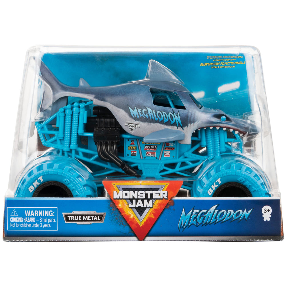 Monster Jam Megalodon 1:24 scale truck front view for display and play.