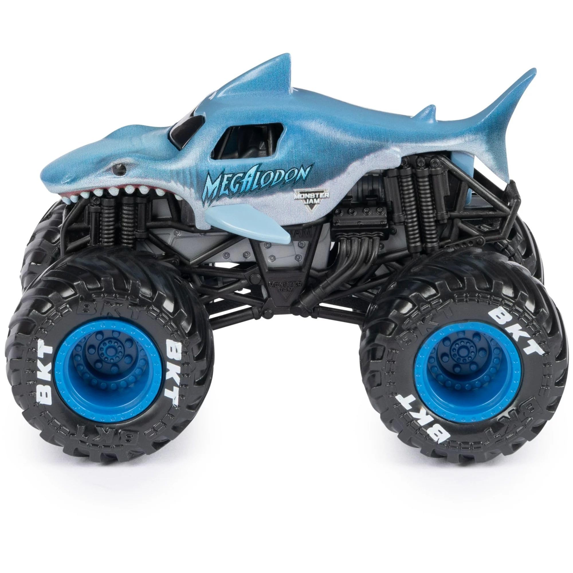 Monster Jam Megalodon 1:64 diecast truck chassis and scale-accurate presentation.
