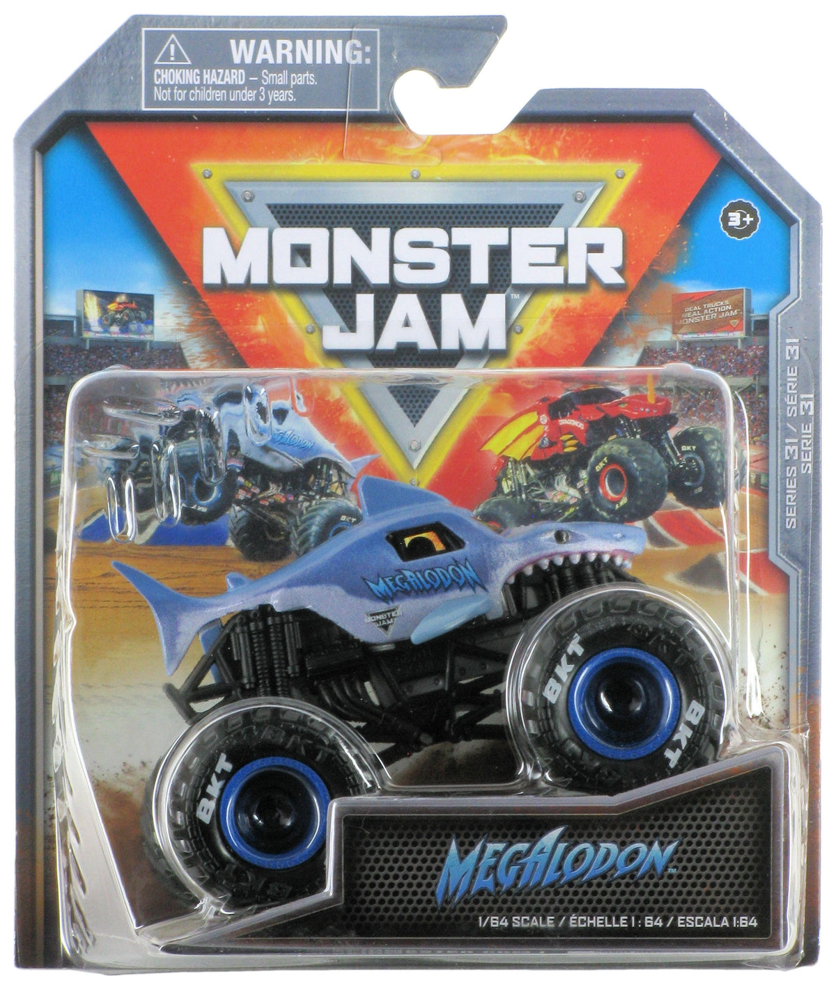 Monster Jam Megalodon 1:64 diecast truck front view shows authentic graphics for display.