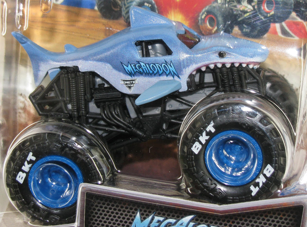 Monster Jam Megalodon 1:64 diecast truck side view highlights bold livery for display and collectability.