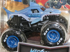 Monster Jam Megalodon 1:64 diecast truck side view highlights bold livery for display and collectability.