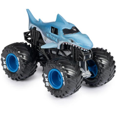 Monster Jam Megalodon 1:64 diecast truck tire details and official BKT tires for realism.