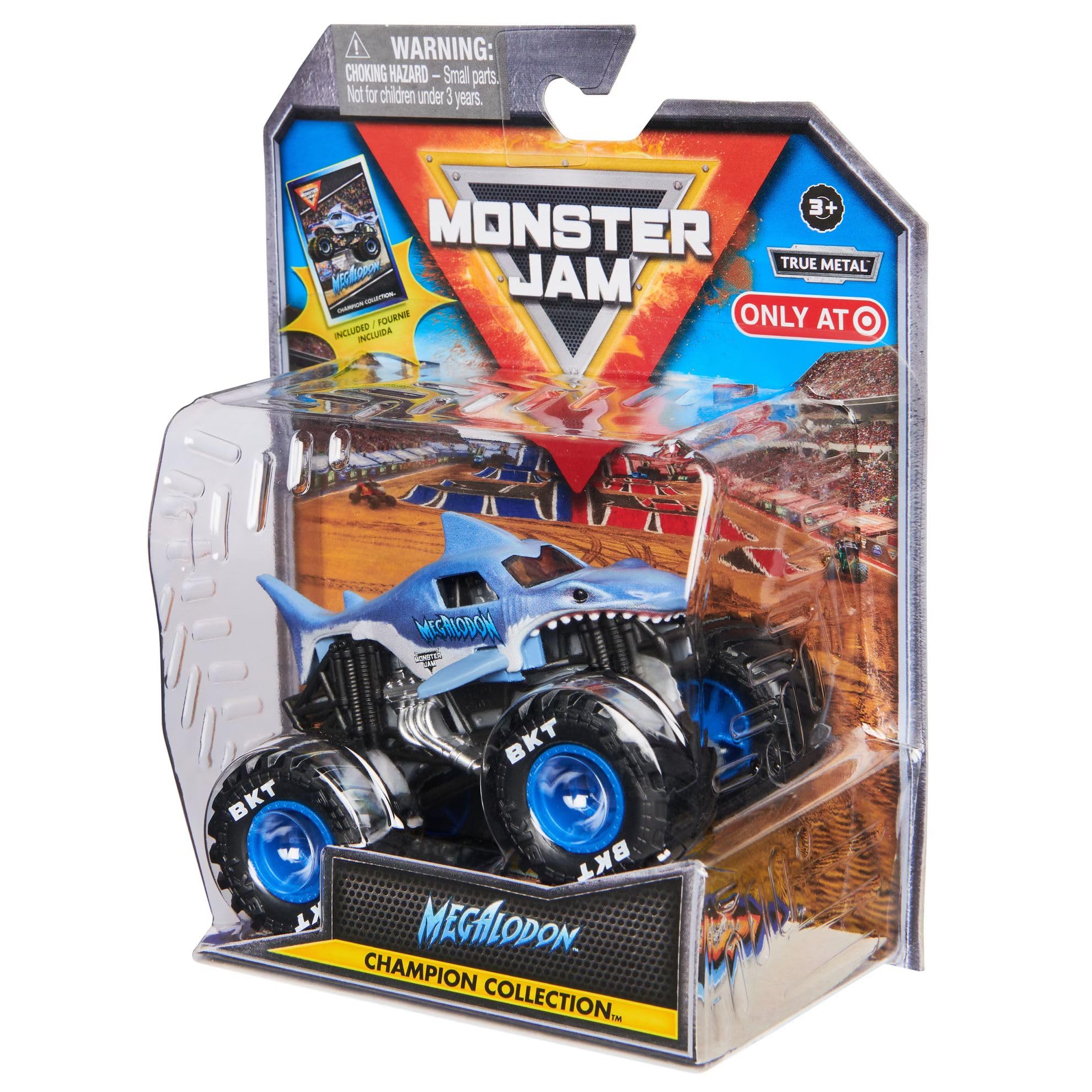 Monster Jam Megalodon 1:64 packaging view showing contents and care.