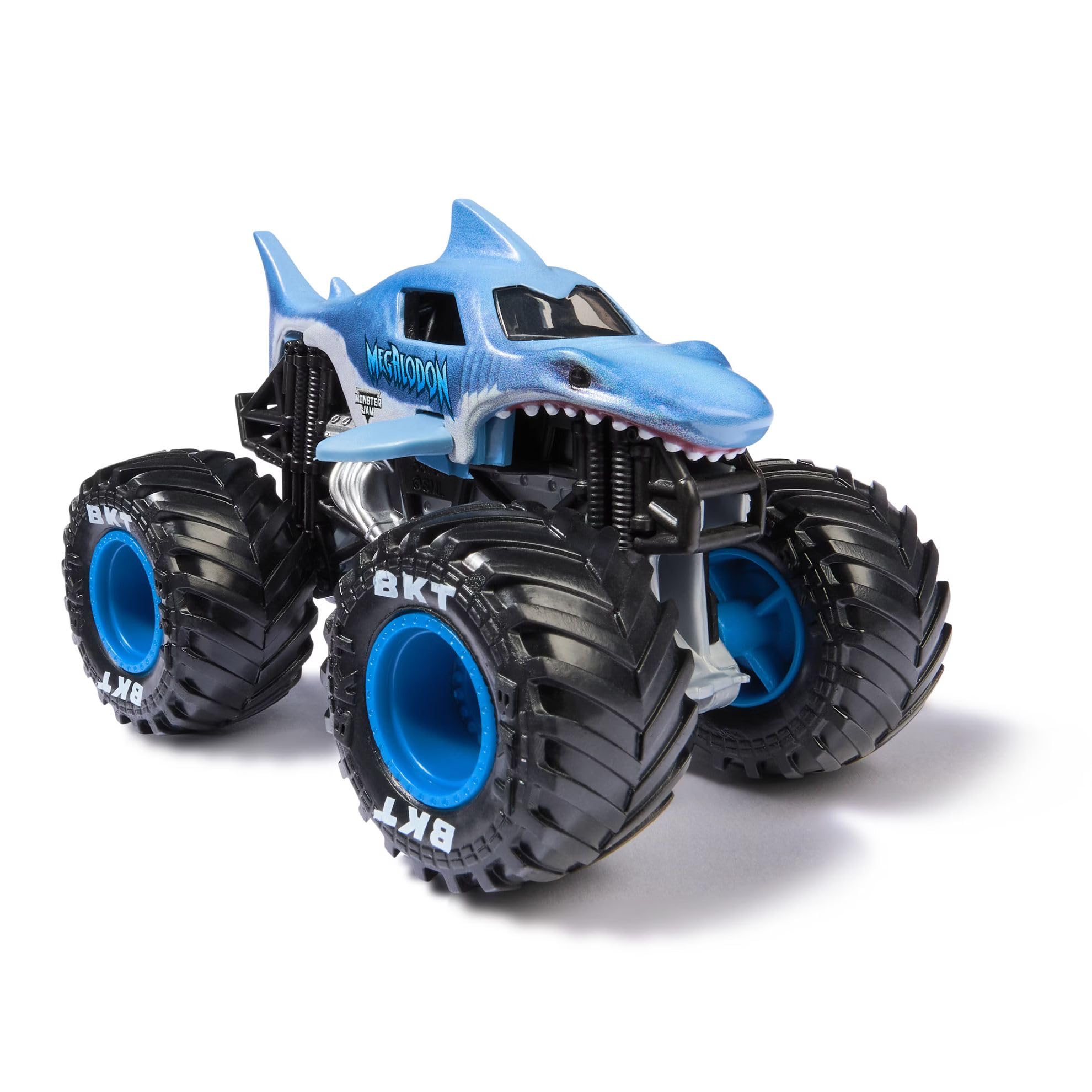 Monster Jam Megalodon 1:64 rear view features sculpted tail and tires.