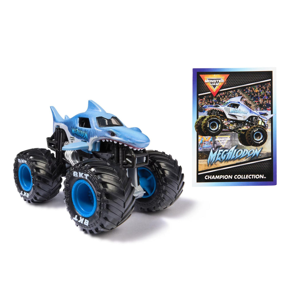 Monster Jam Megalodon 1:64 side view highlights detailed decals and chassis.