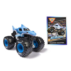 Monster Jam Megalodon 1:64 side view highlights detailed decals and chassis.
