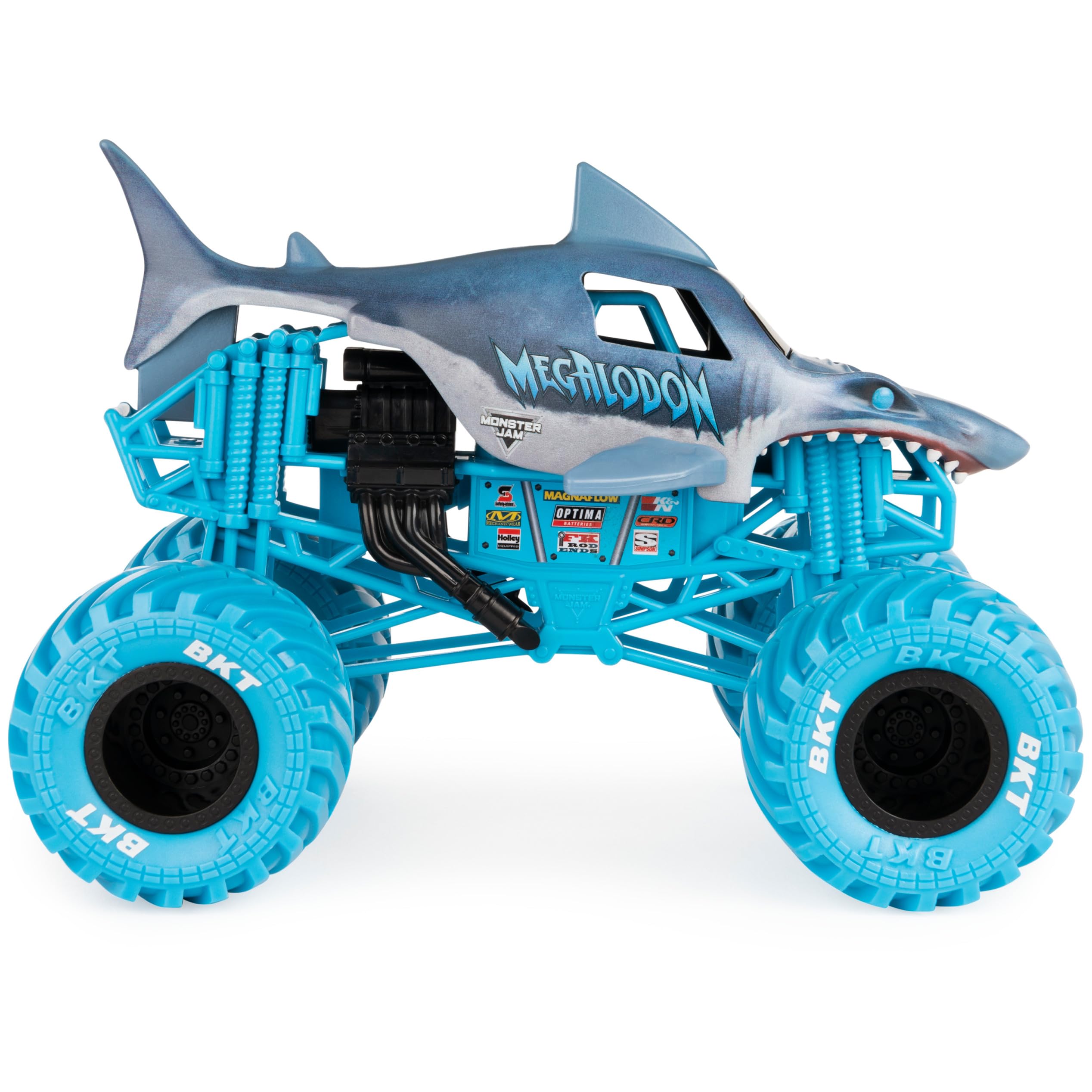 Monster Jam Megalodon with BKT tires for enhanced traction on surfaces.