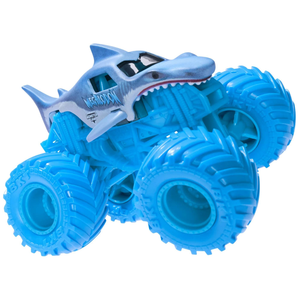 Monster Jam Megalodon Ice Edition 1:64 scale front view with translucent tires