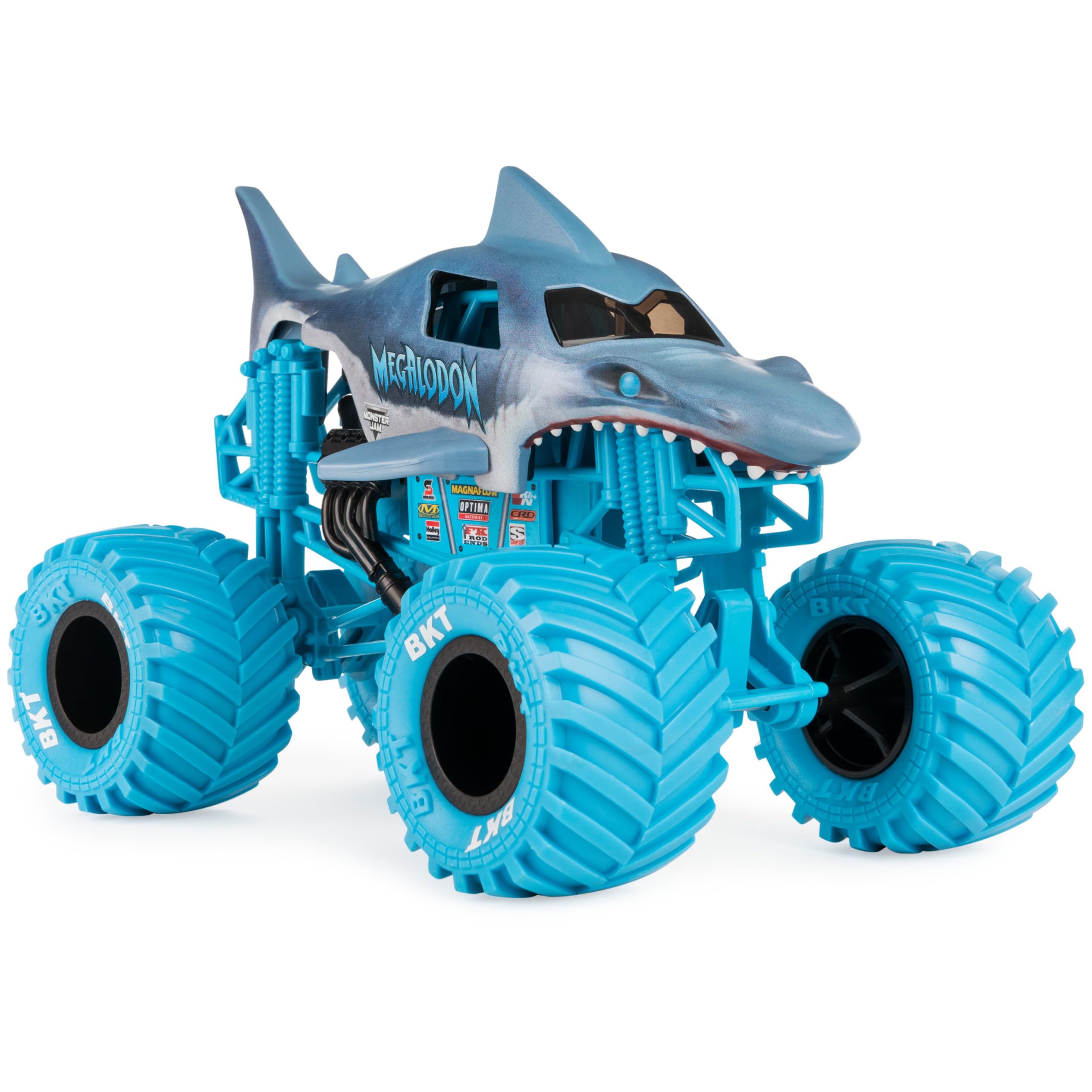 Monster Jam Megalodon with working suspension for smoother landings during play.