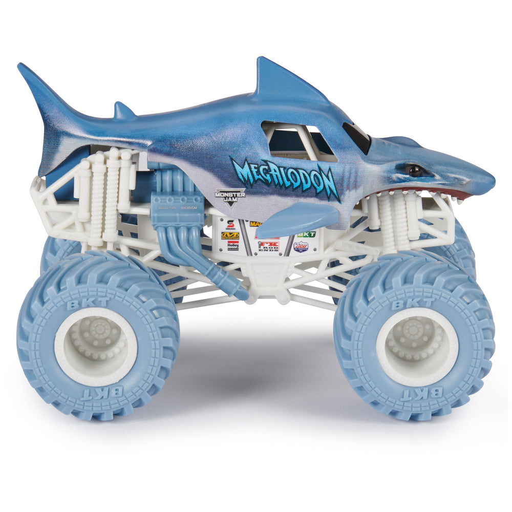 Monster Jam Megalodon working suspension absorbs impacts for smoother jumps and crashes.