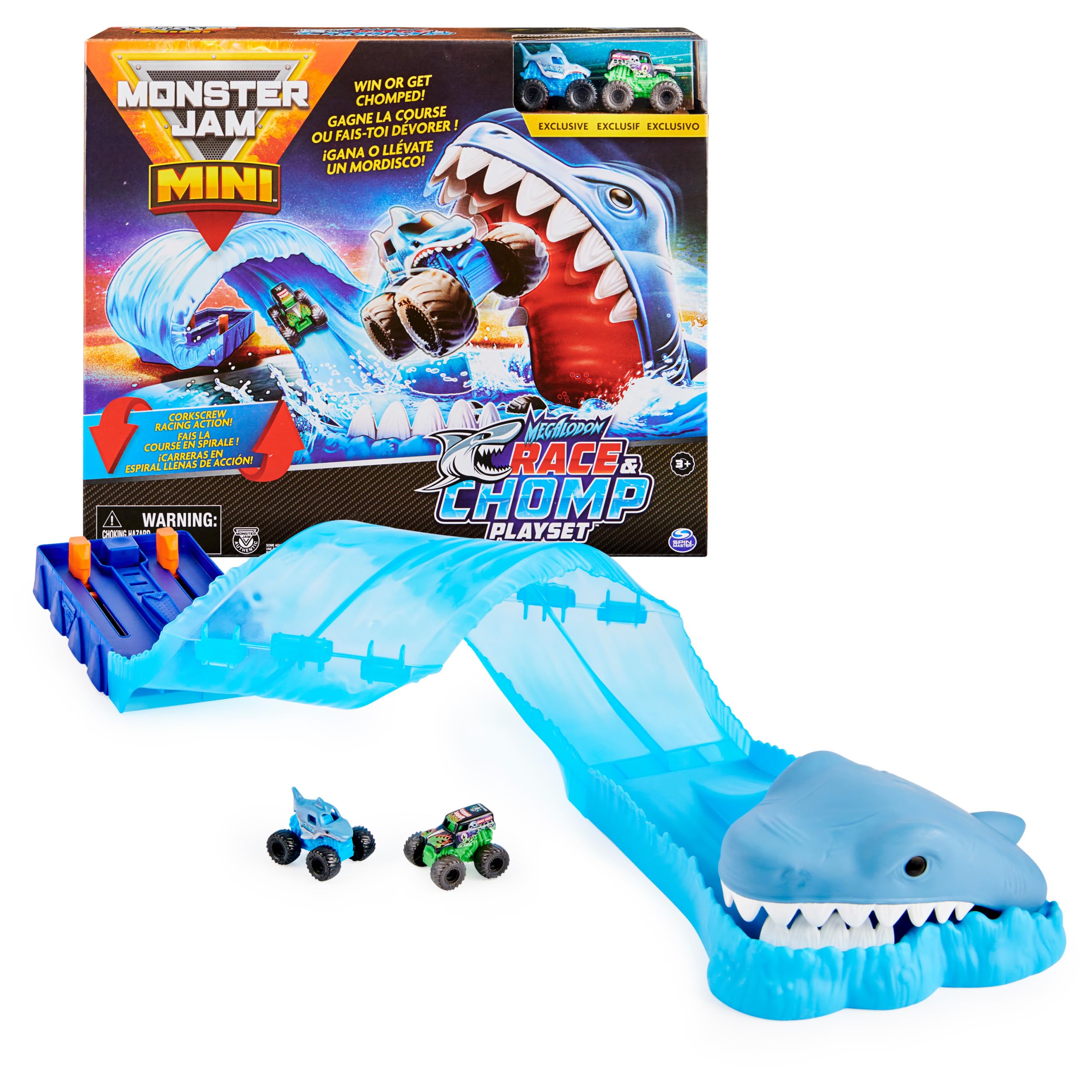 Monster Jam Mini Megalodon Race and Chomp Playset front view with exclusive Megalodon truck for action play
