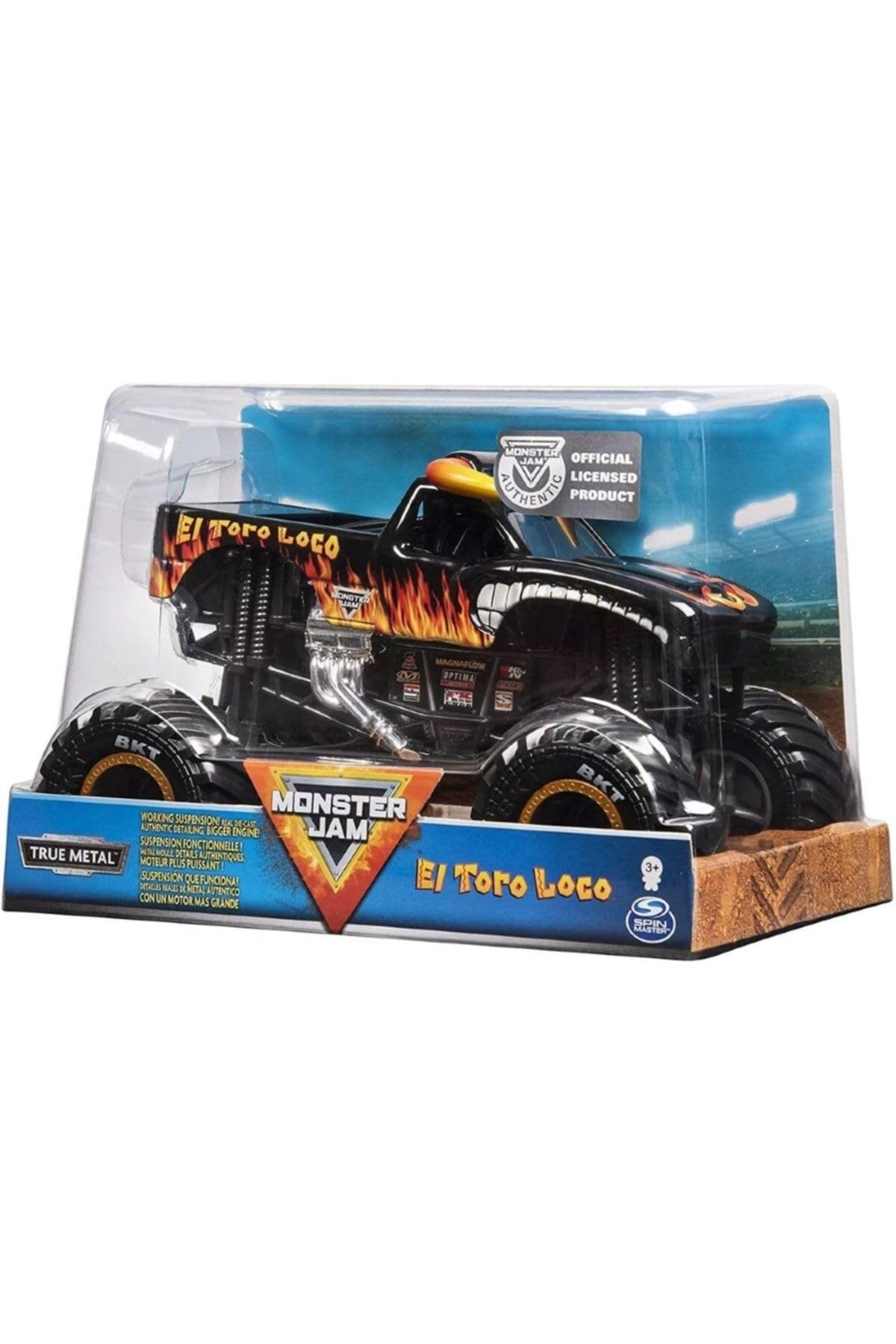 Monster Jam MNJ VHC 1to24 El Toro Loco highlights official BKT tires for better traction.