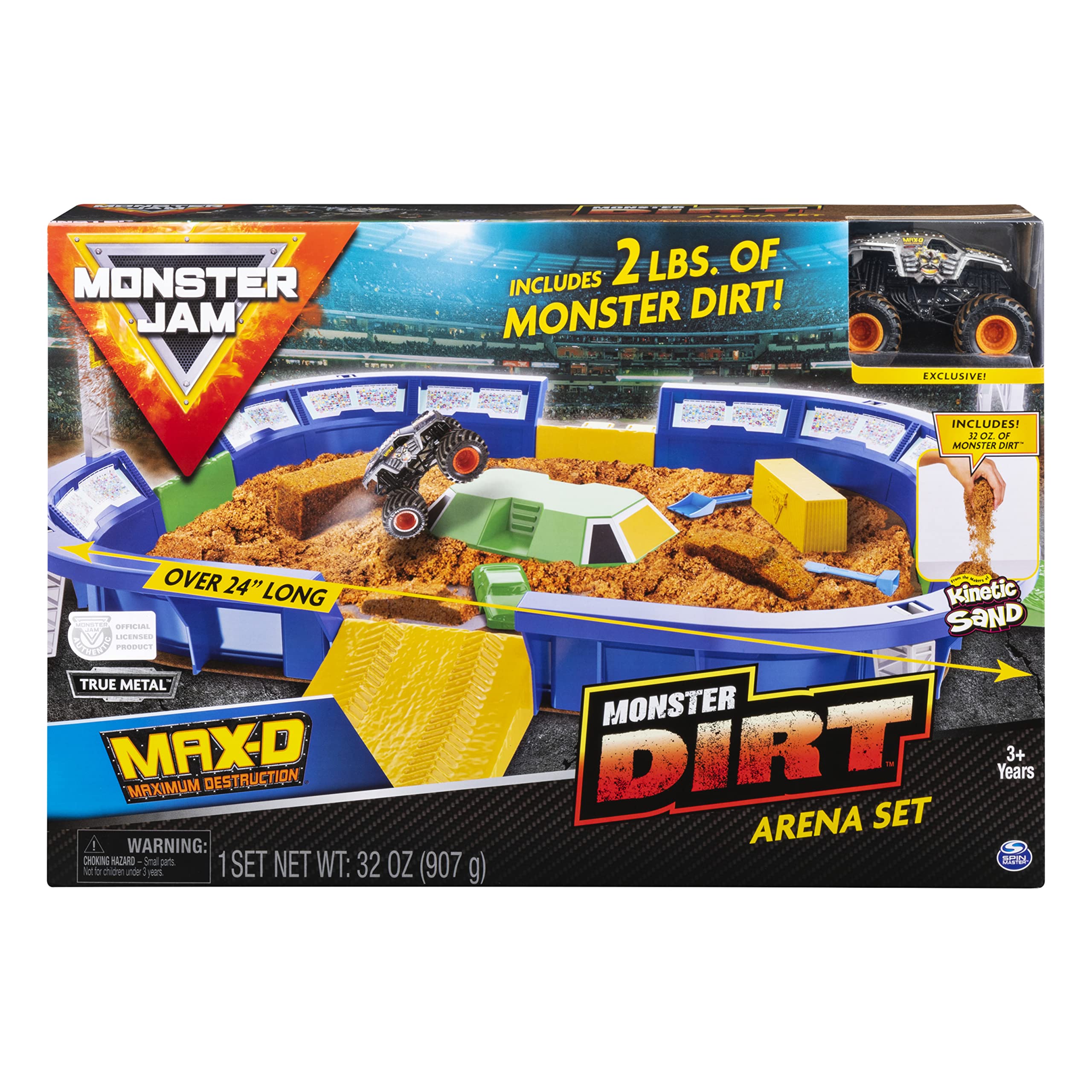 Monster Jam Monster Dirt Arena wide view with four entry gates for immersive racing.