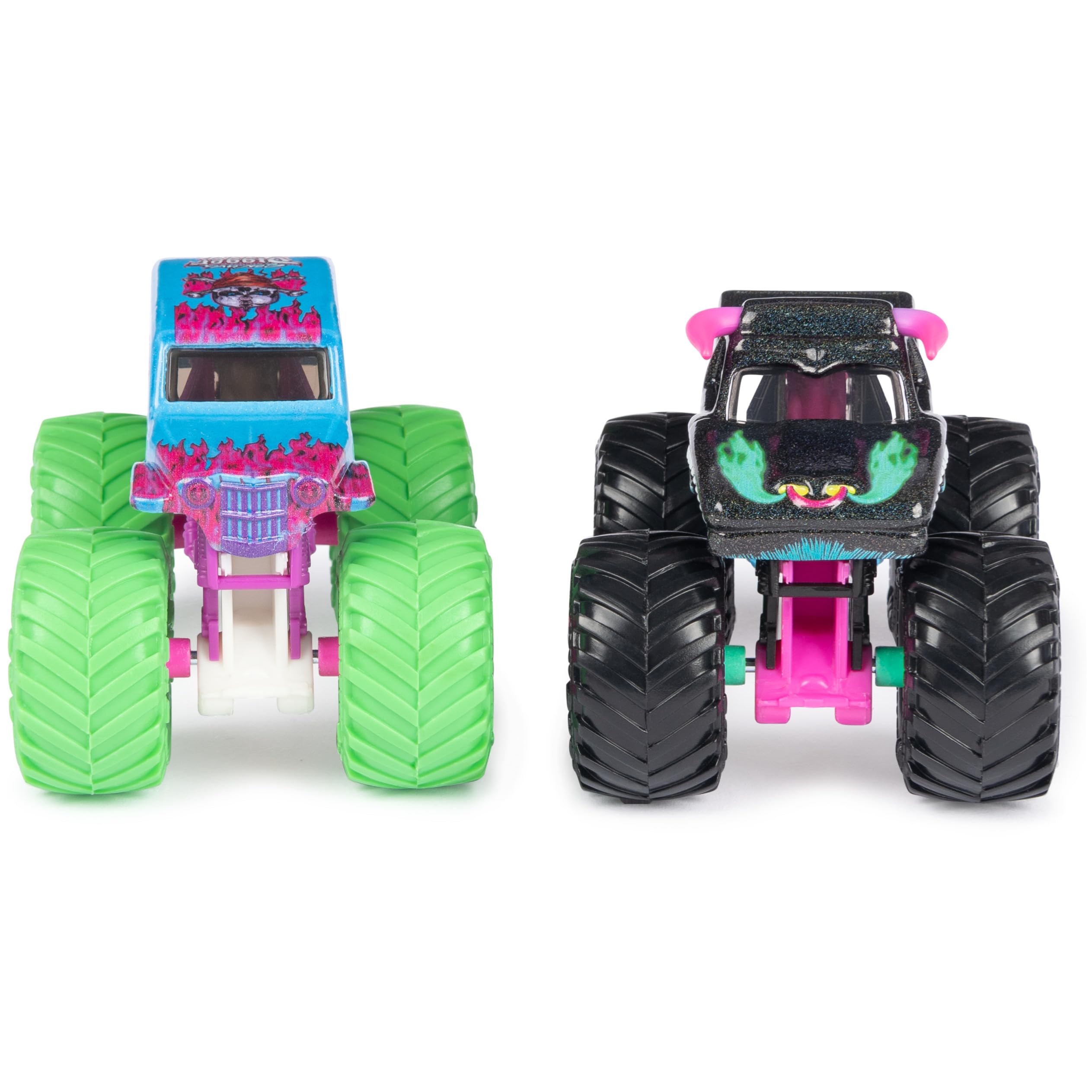 Monster Jam Nitro Neon 2-Pack trucks side view highlighting dynamic action