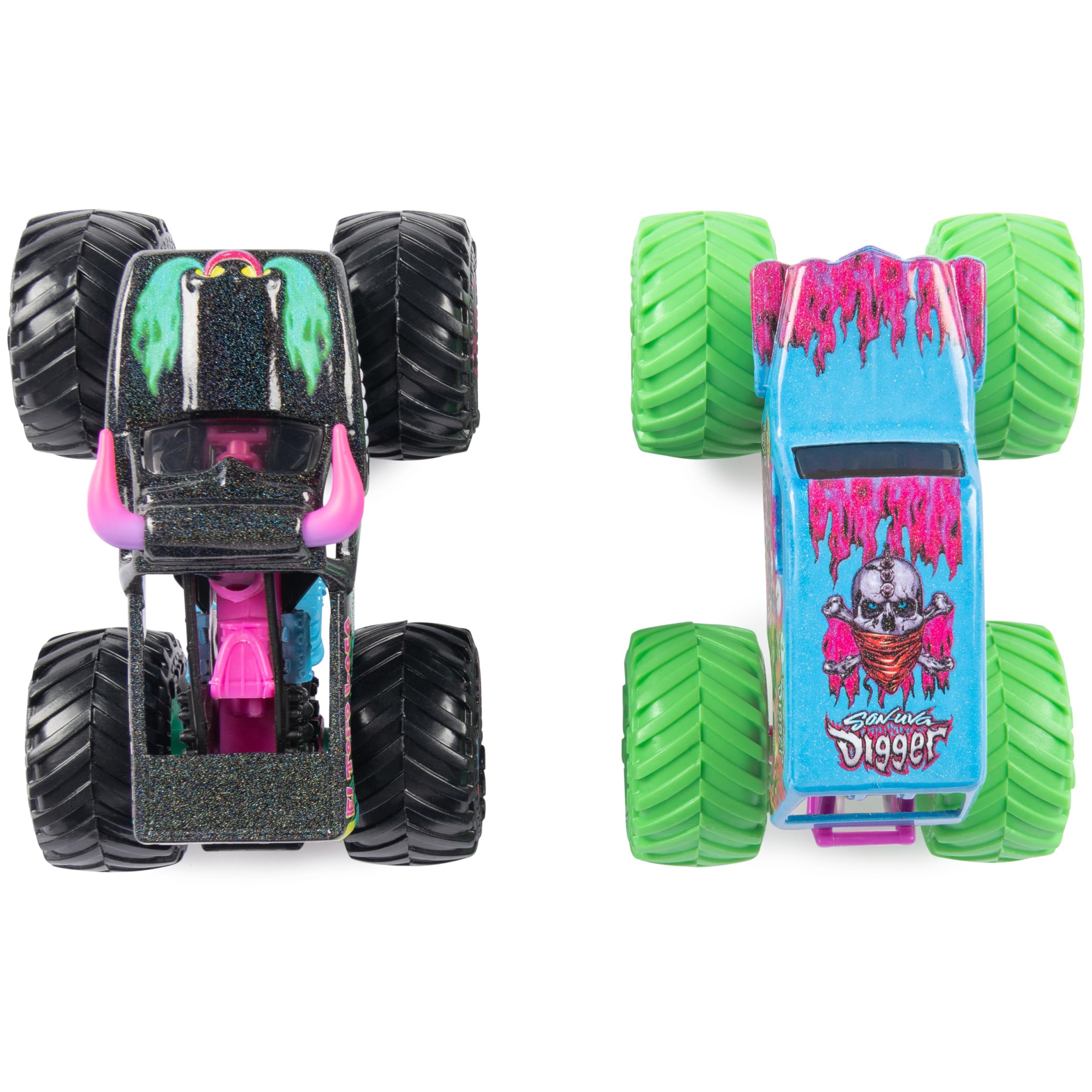 Monster Jam Nitro Neon chassis and tires close-up for authentic look