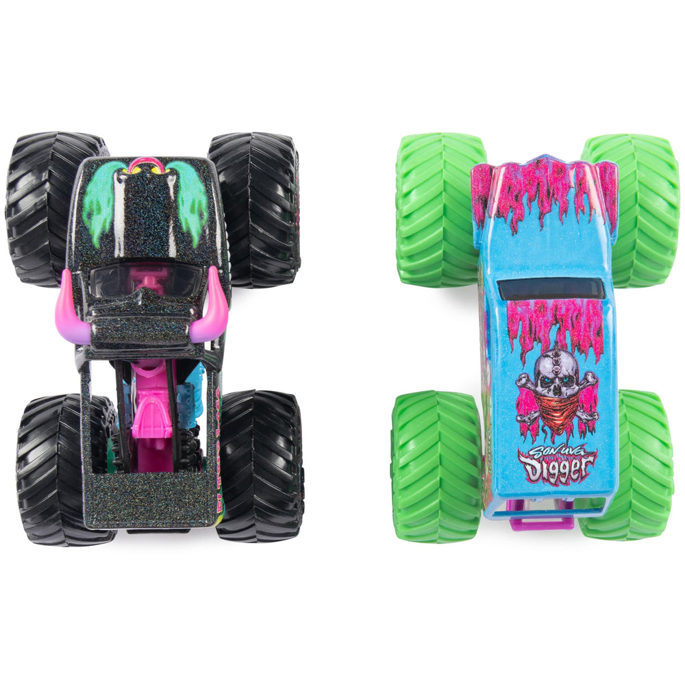Monster Jam Nitro Neon chassis and tires close-up for authentic look