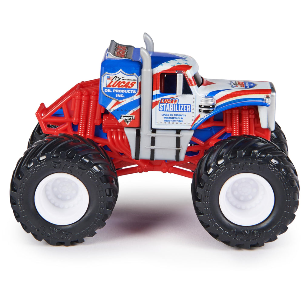 Monster Jam 1:64-scale truck close-up showing BKT tires and stylized rims for realistic play.