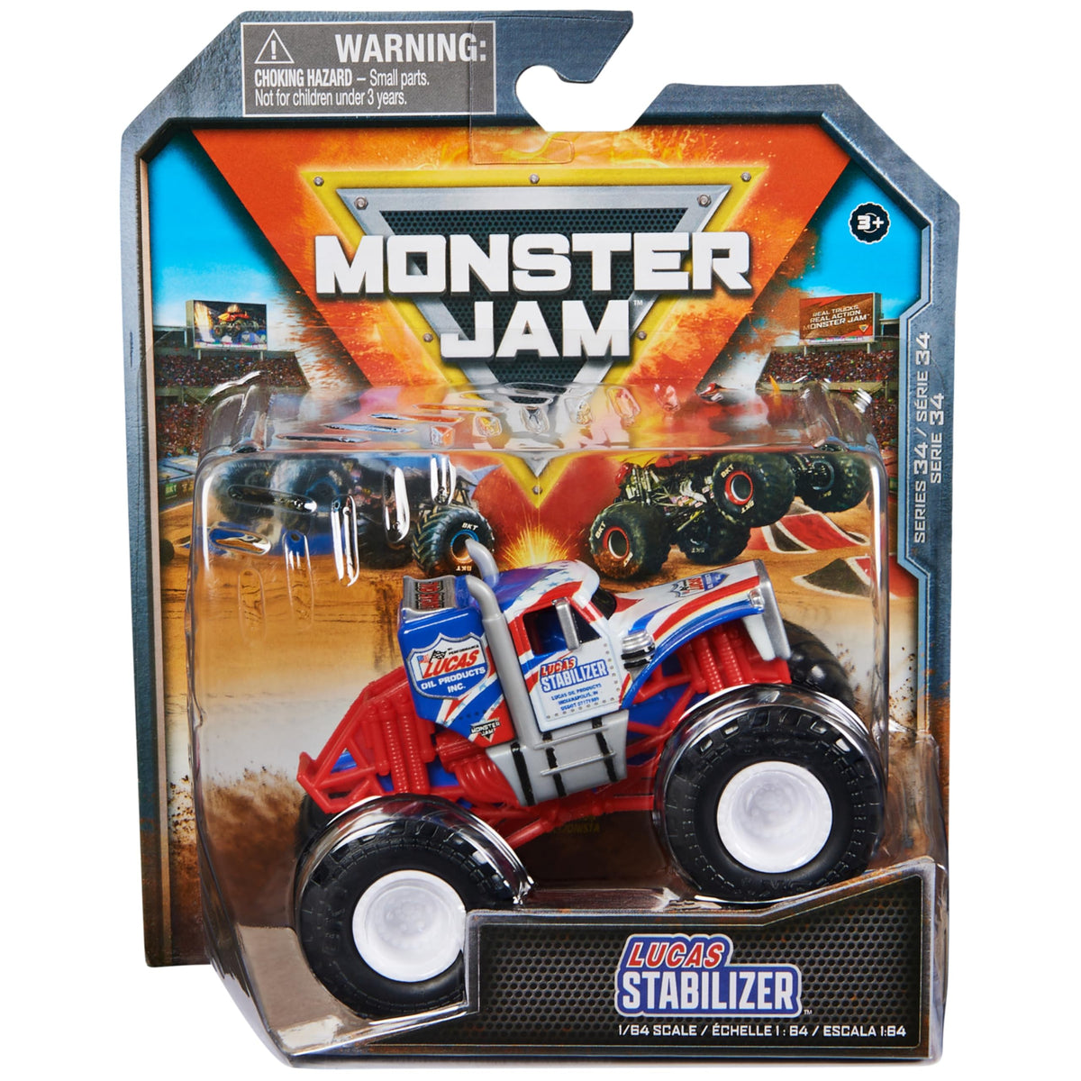 Monster Jam official die-cast 1:64 front view with bold graphics and authentic details for display.