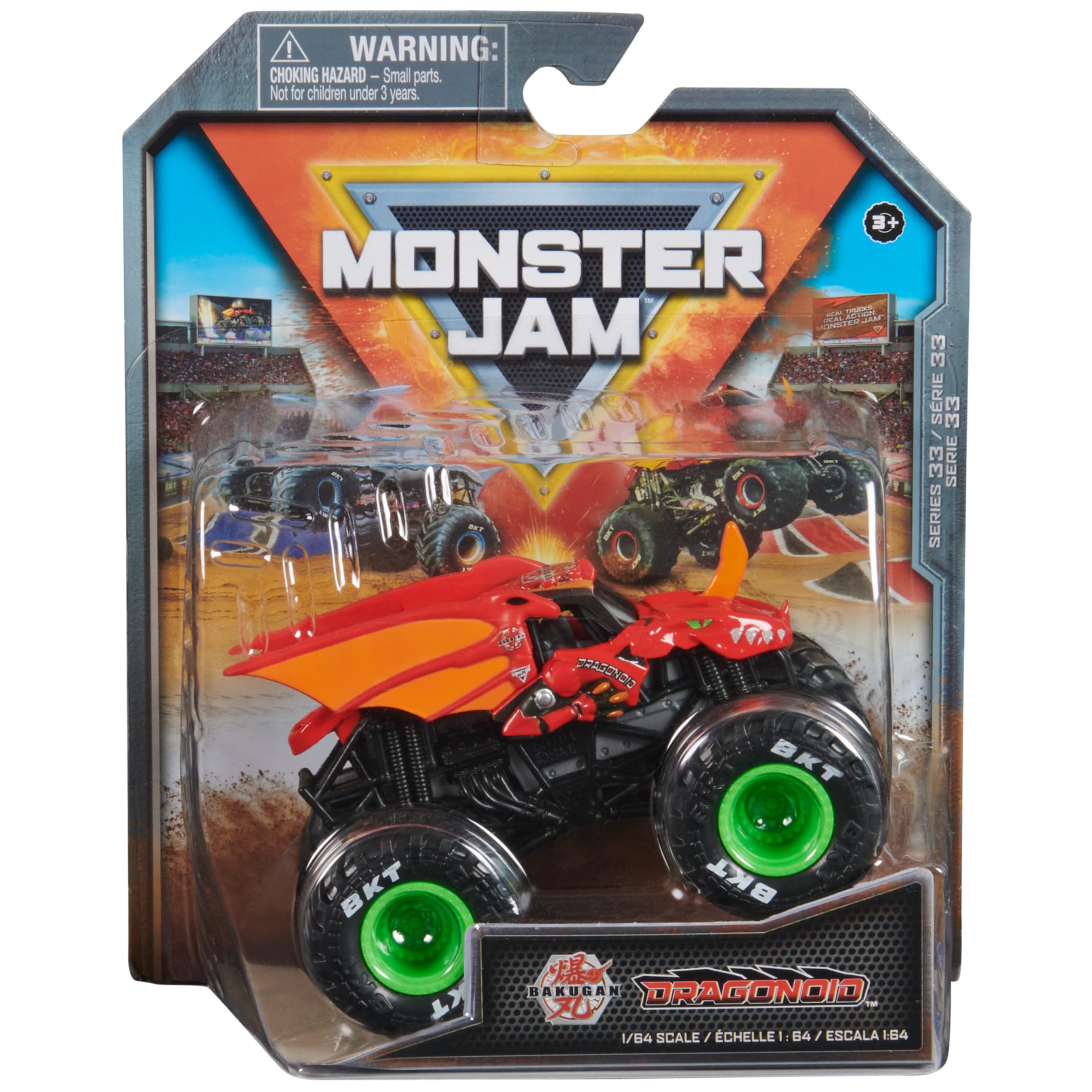 Monster Jam 1:64 die-cast truck front view showcases authentic graphics for display and play.