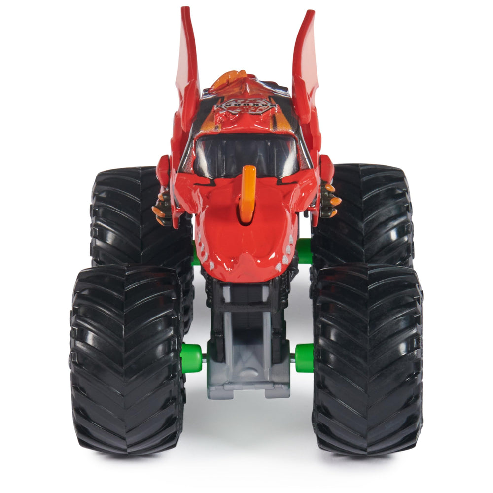 Monster Jam 1:64 die-cast truck graphics detail highlights bold branding and realistic patterns.