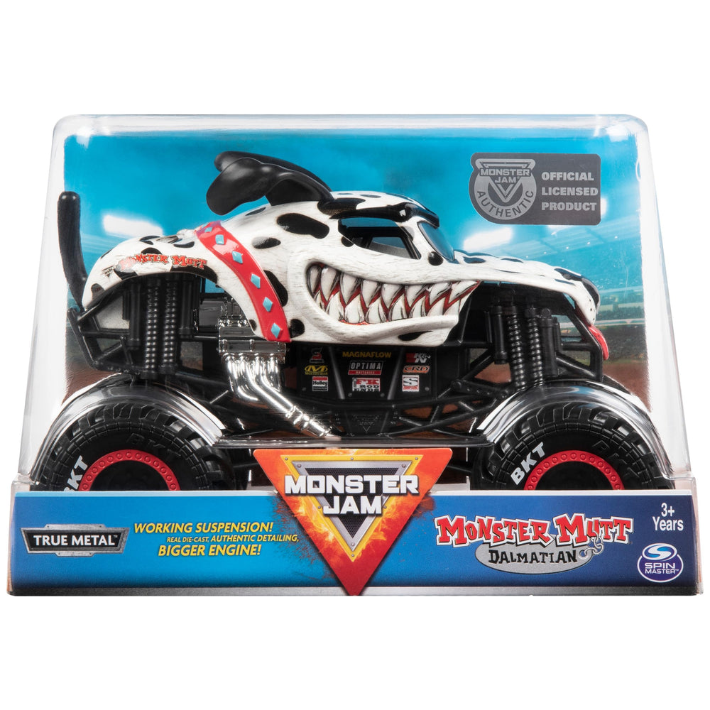 Monster Jam Official Monster Mutt Dalmatian side view shows authentic design for display and play.