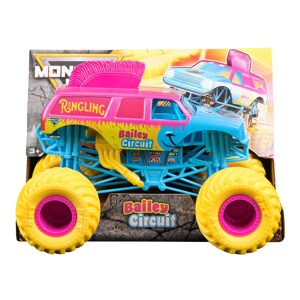 Monster Jam official Ringling Bailey 1:24 front view with authentic graphics for display.