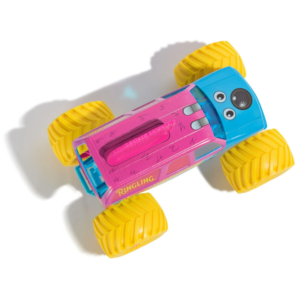 Monster Jam official Ringling Bailey 1:24 rubber BKT tires provide strong traction.