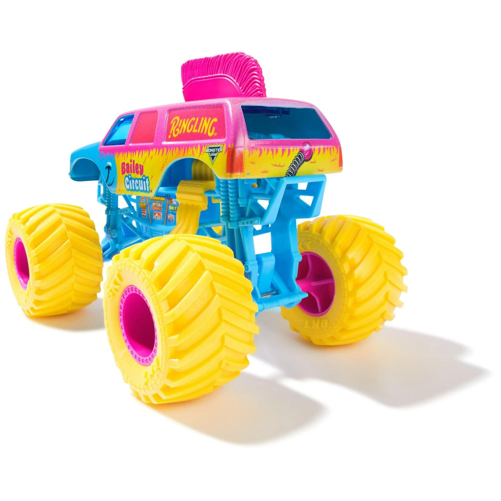 Monster Jam official Ringling Bailey 1:24 suspension absorbs impacts for dynamic action.