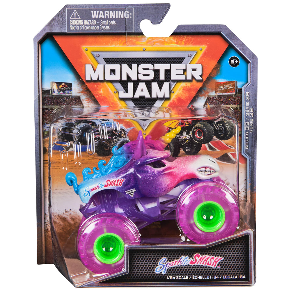 Monster Jam official Sparkle Smash truck in 1:64 scale for dynamic pretend play.