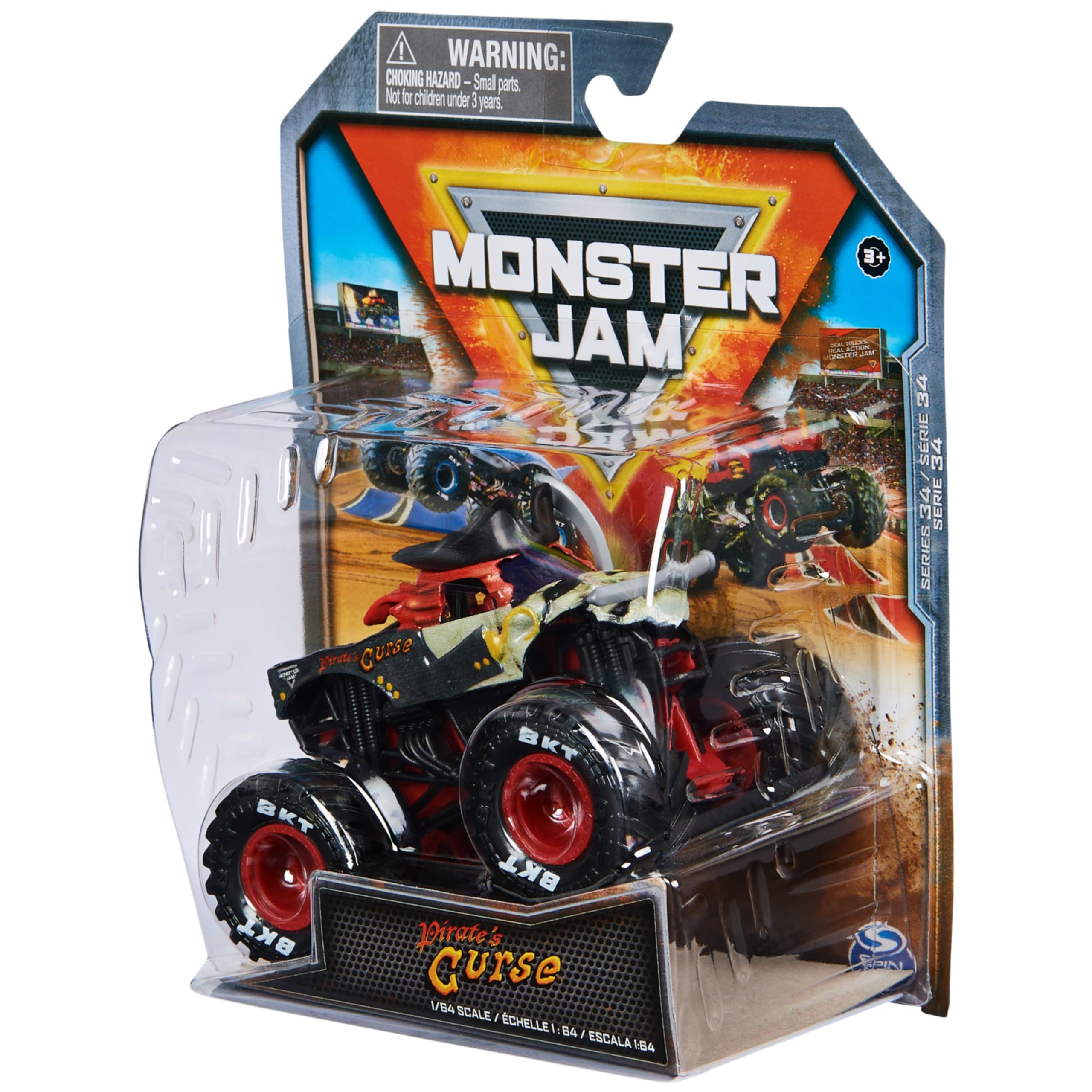 Monster Jam Pirates Curse 1:64-scale packaging showing QR poster for collection tracking.