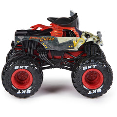 Monster Jam Pirates Curse 1:64-scale truck front view with bold decals.