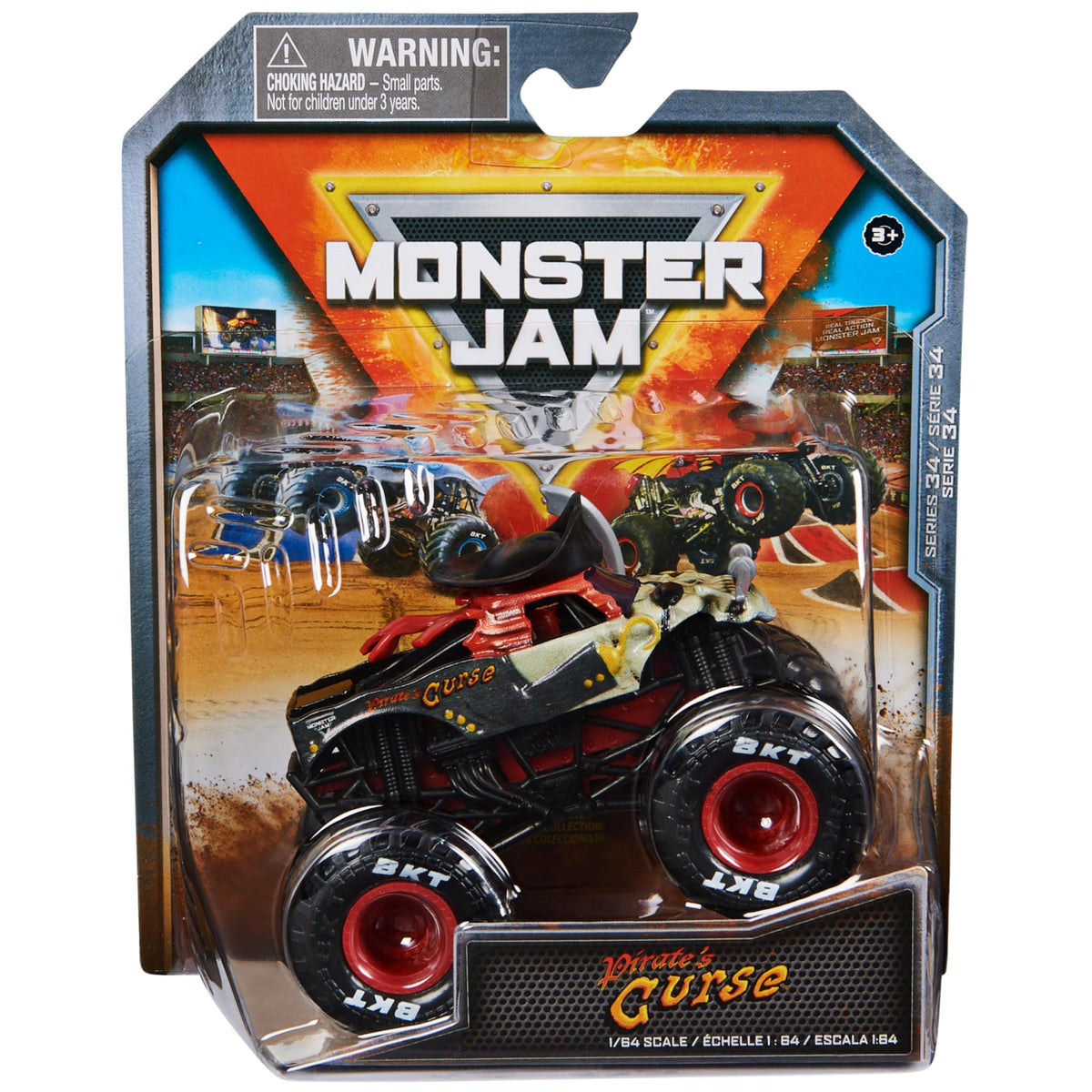 Monster Jam Pirates Curse 1:64-scale truck side view with official graphics.