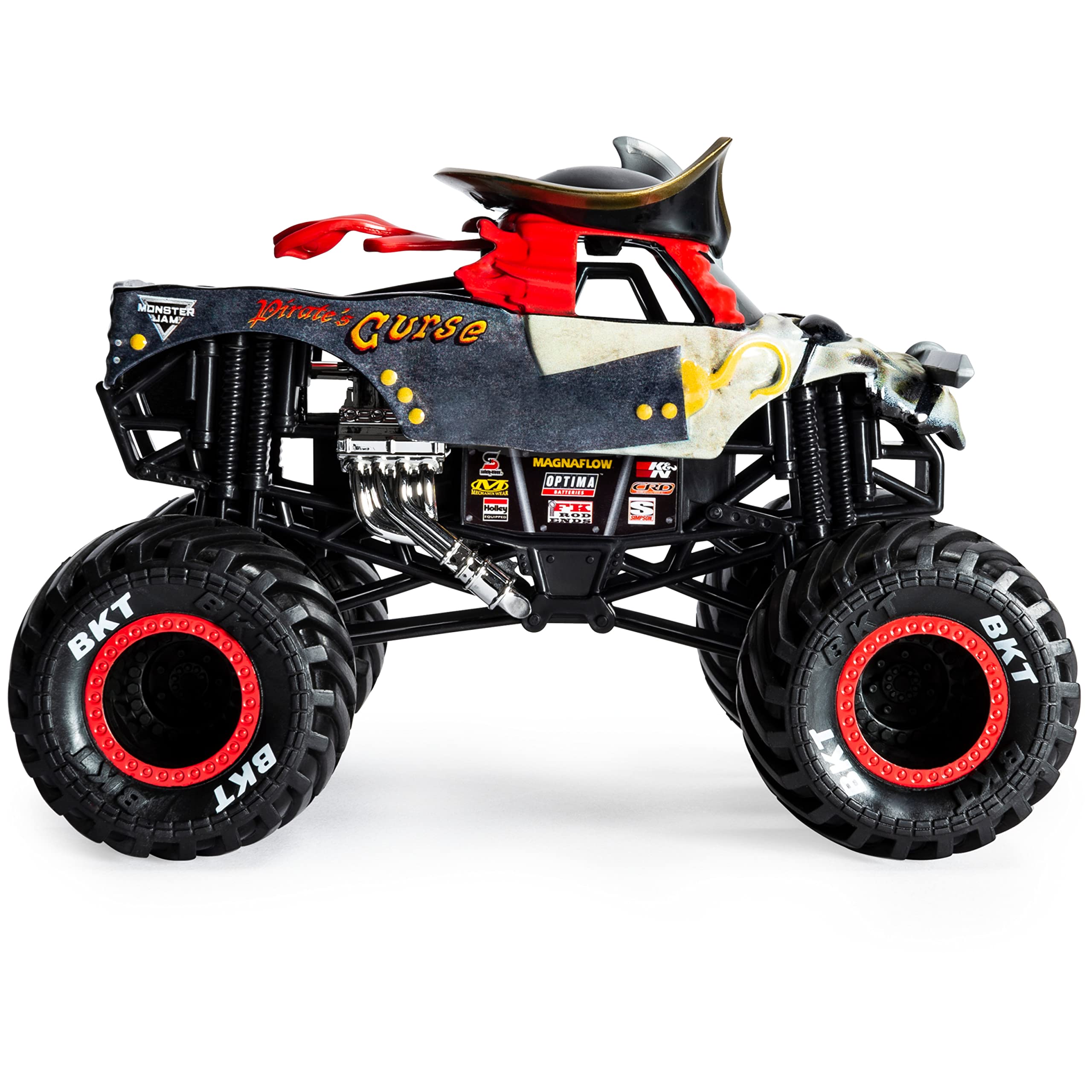 Monster Jam Pirates Curse Truck rubber BKT tires boost traction during races.