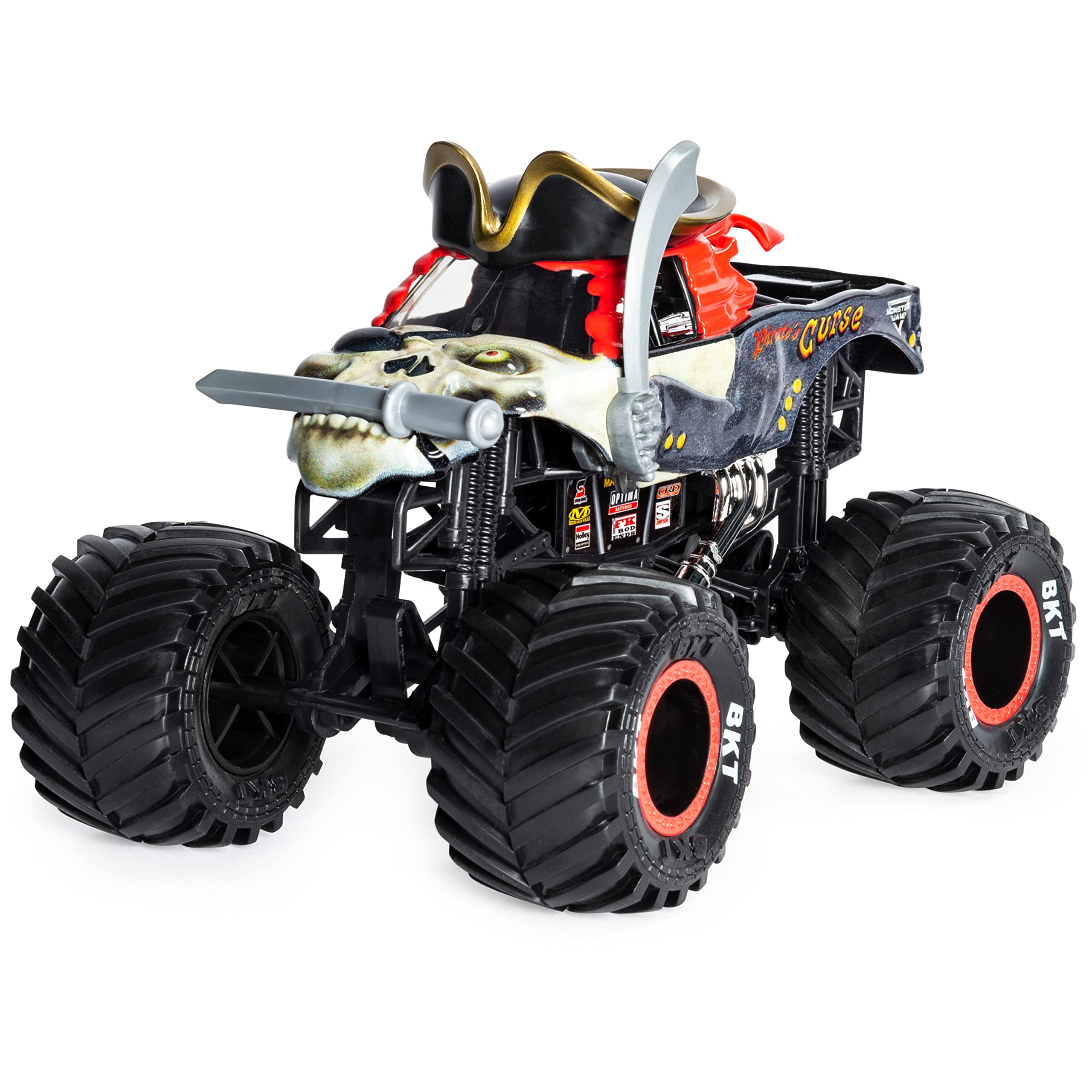 Monster Jam Pirates Curse Truck side graphics show bold detailing for play.