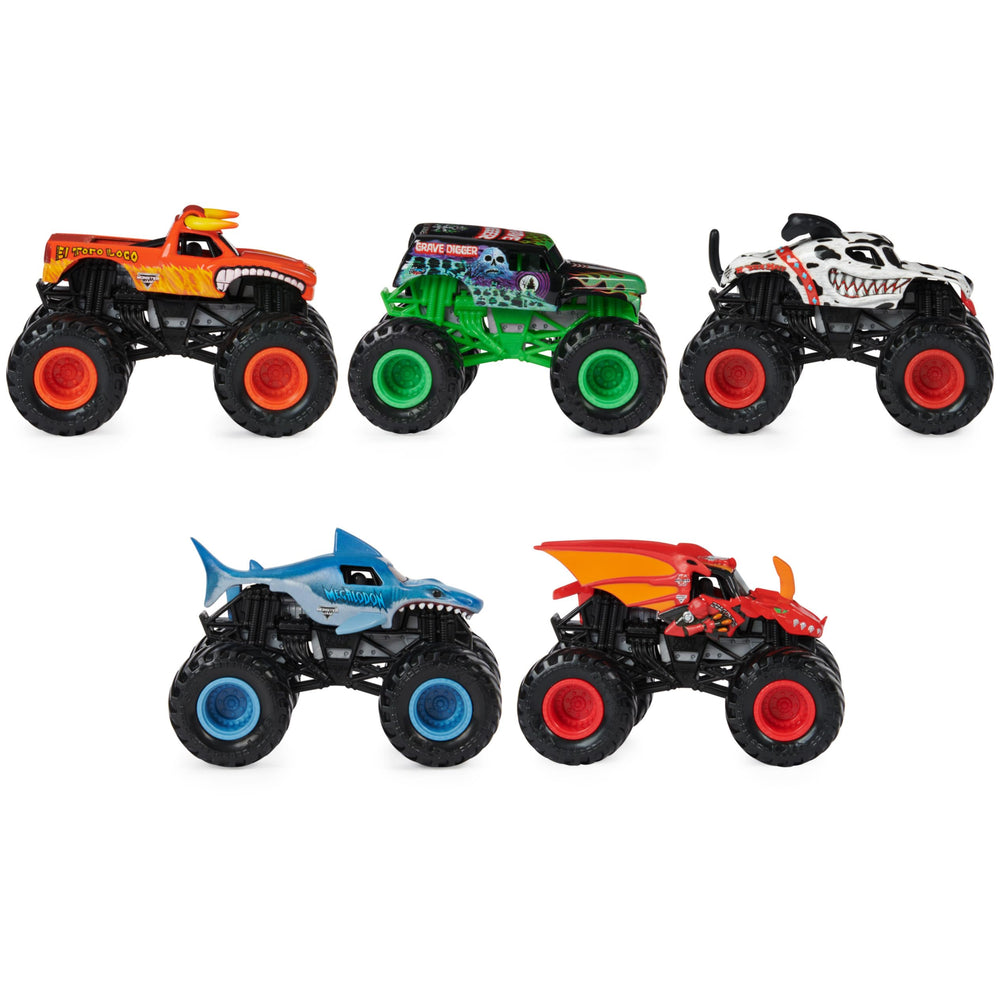 Monster Jam Pit Party 5-Pack trucks displayed for collectors and kids.