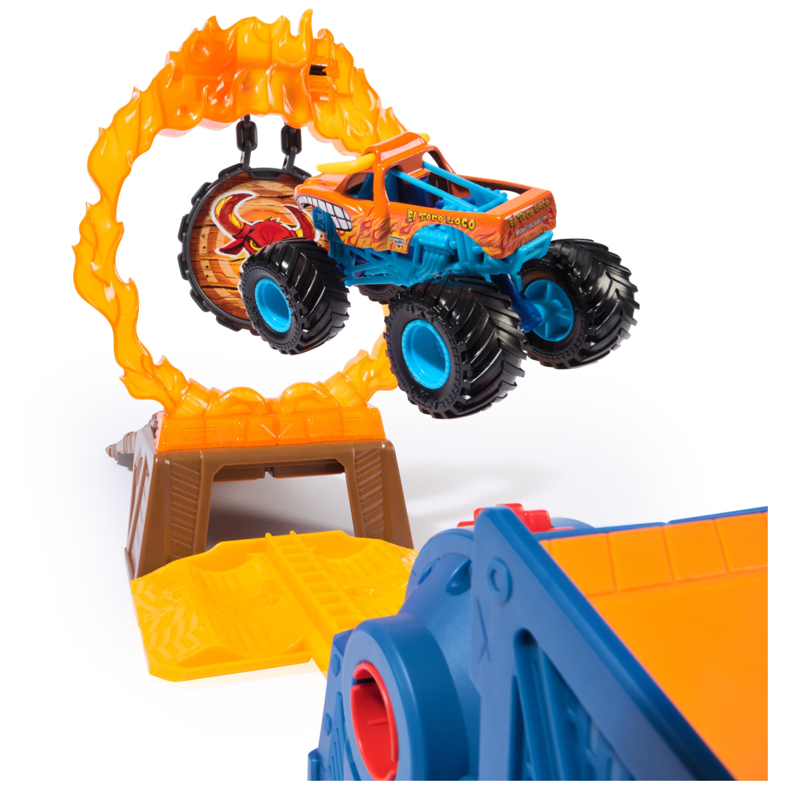 Monster Jam power launcher action captures high-flying truck stunts for kids.