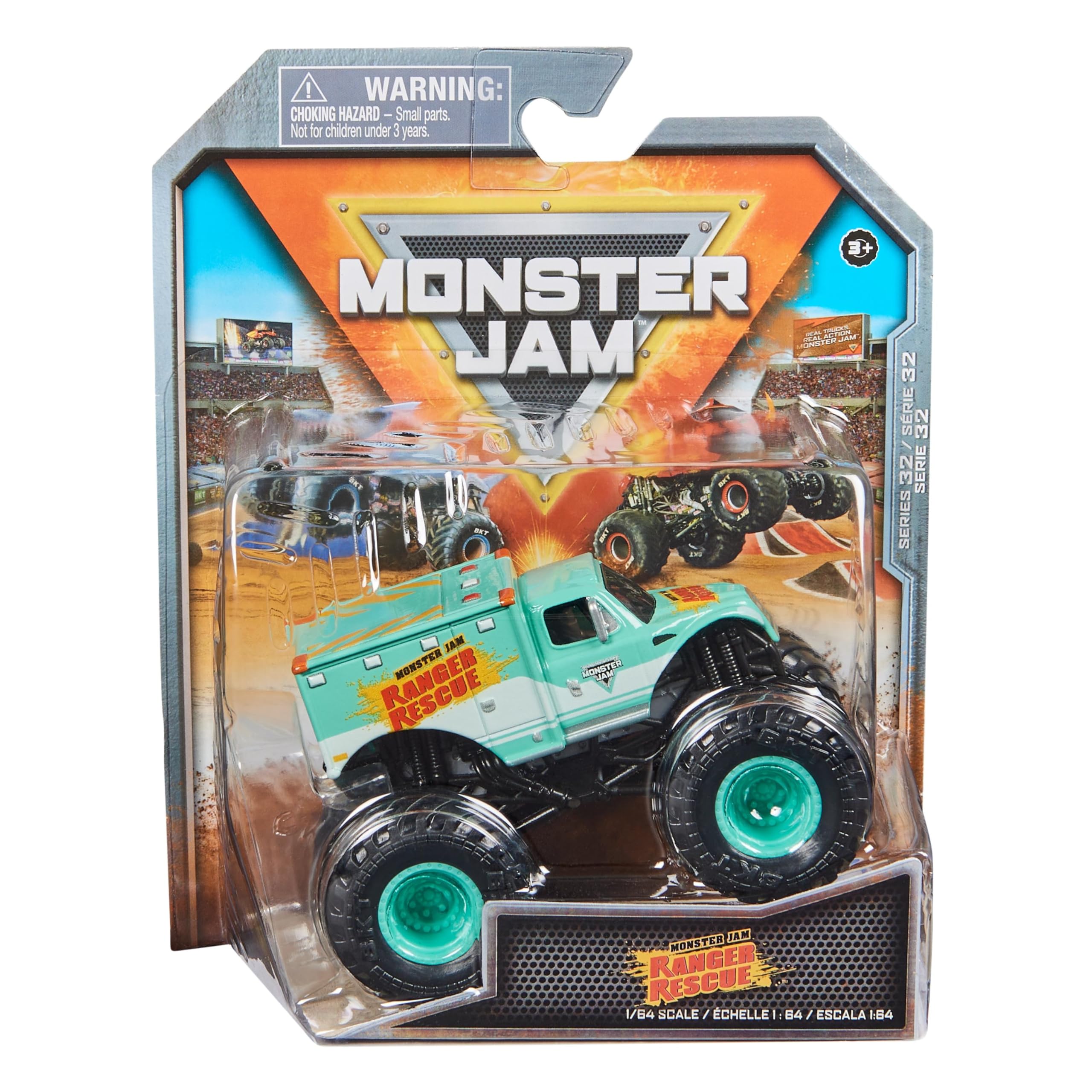 Monster Jam Ranger Rescue 1:64 diecast front view with authentic graphics and bold detailing.