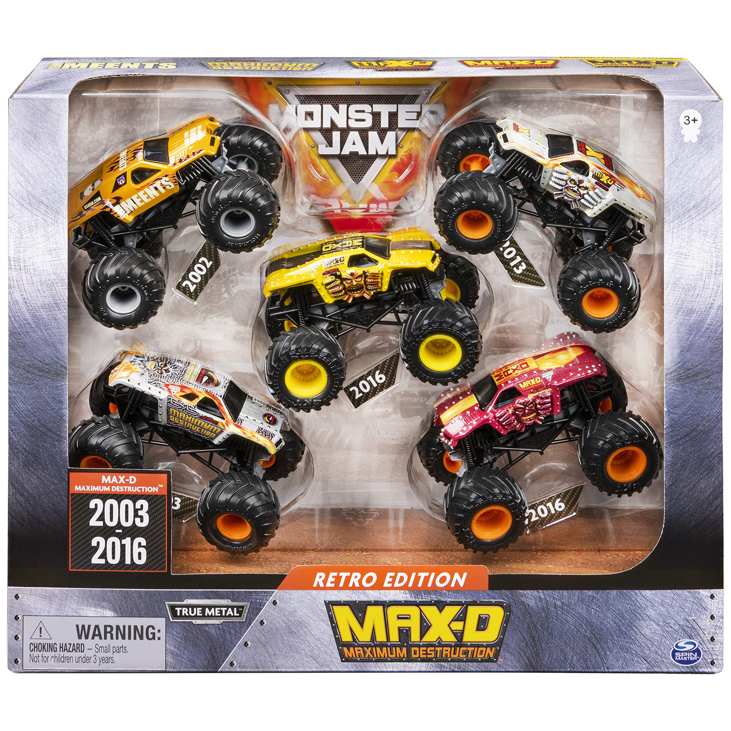 Monster Jam Retro Edition Max-D 1:64 die-cast truck with vintage styling for display.