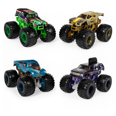 Monster Jam Reveal the Steel 4-Pack front view showing four color-changing trucks.